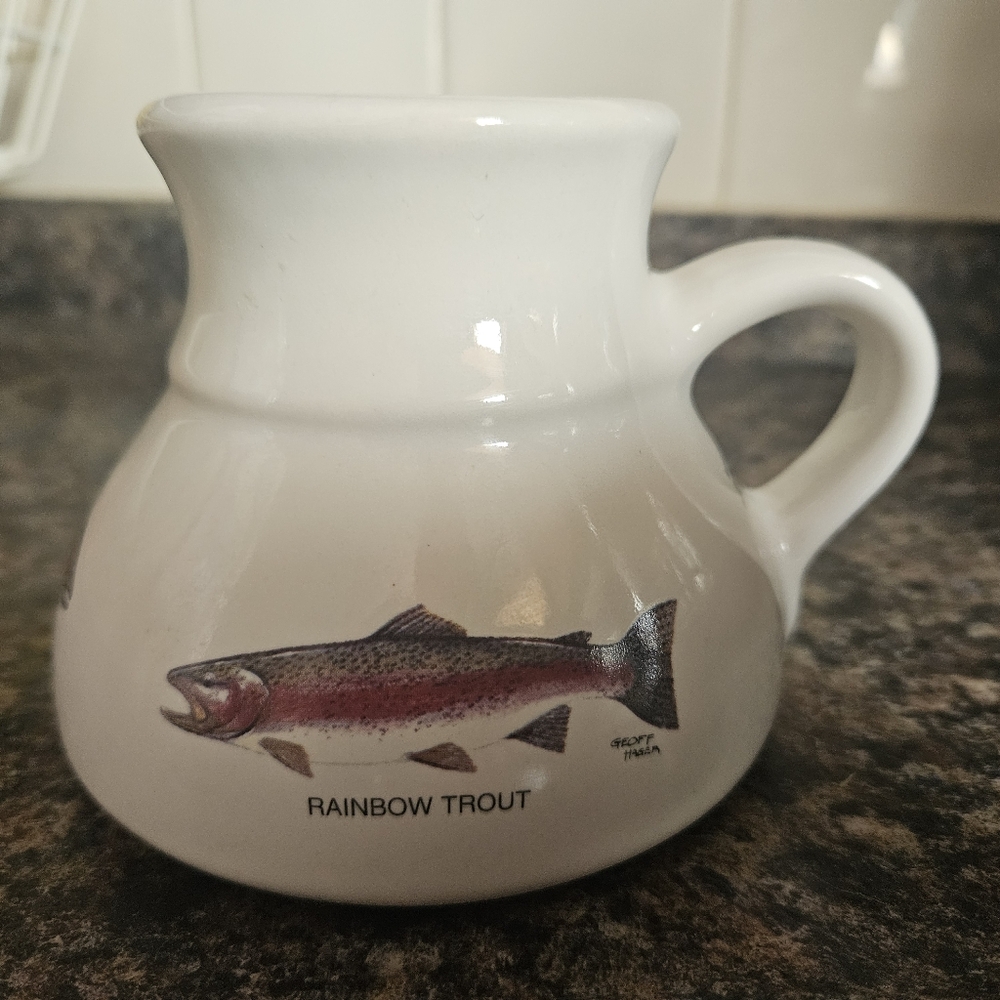 1997 White Ceramic Coffee Cup with Trout Design